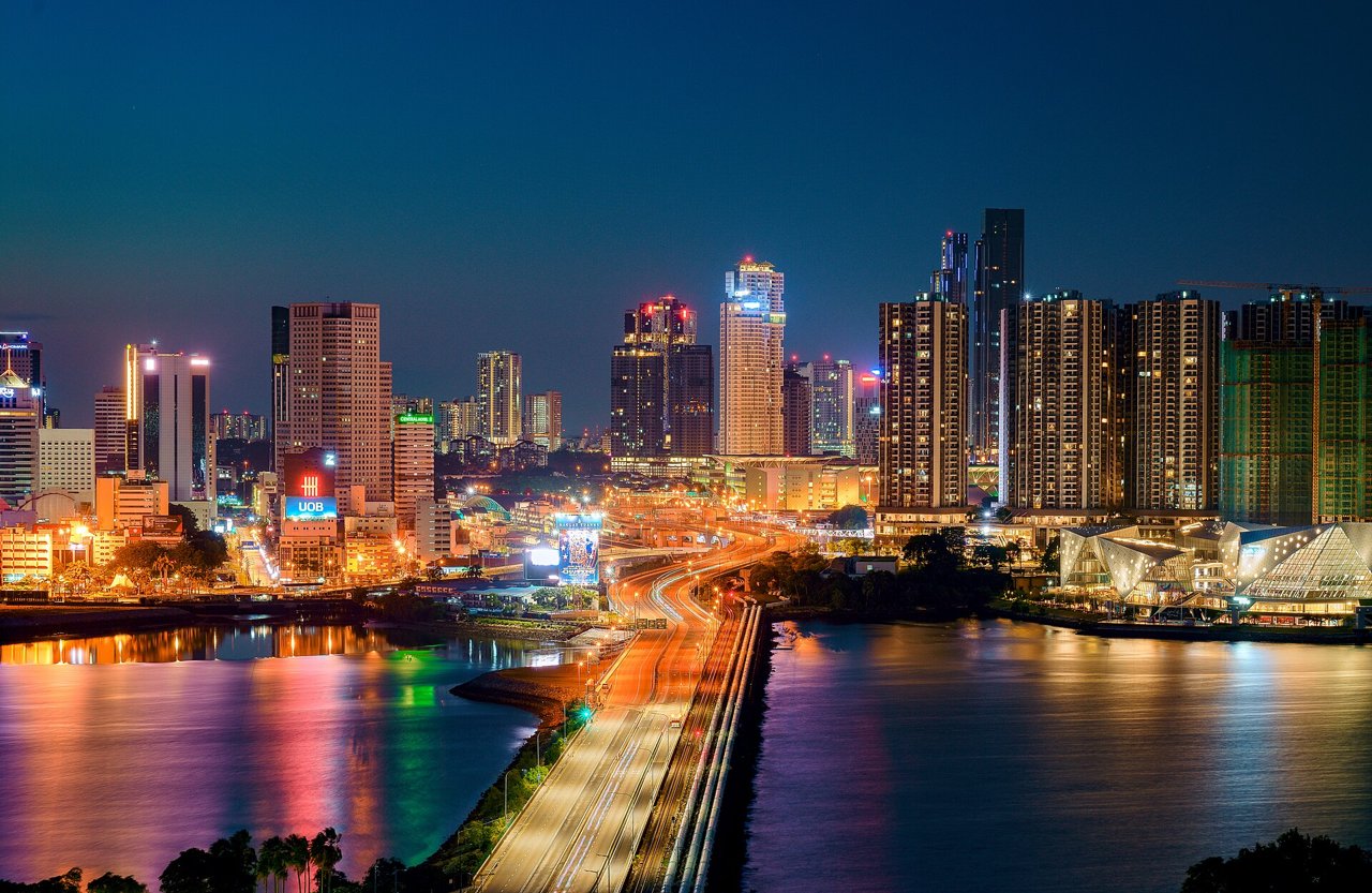 The Johor-Singapore Causeway and JB skyline lit up at night