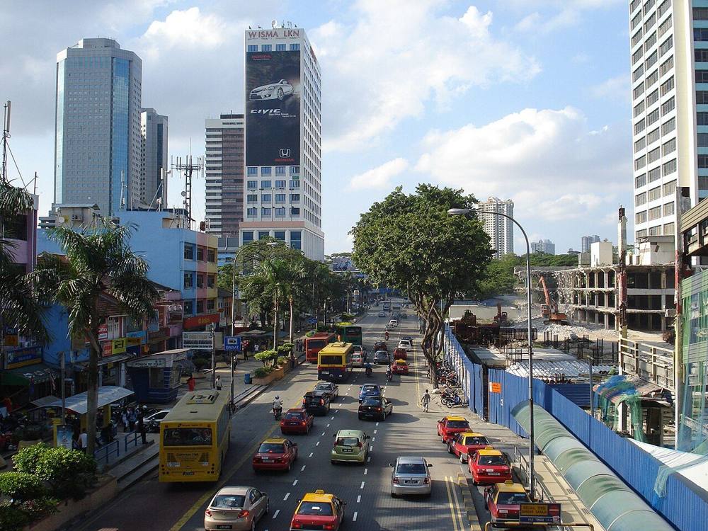 Traffic flowing along Jalan Wong Ah Fook in central Johor Bahru seen from a pedestrian bridge
