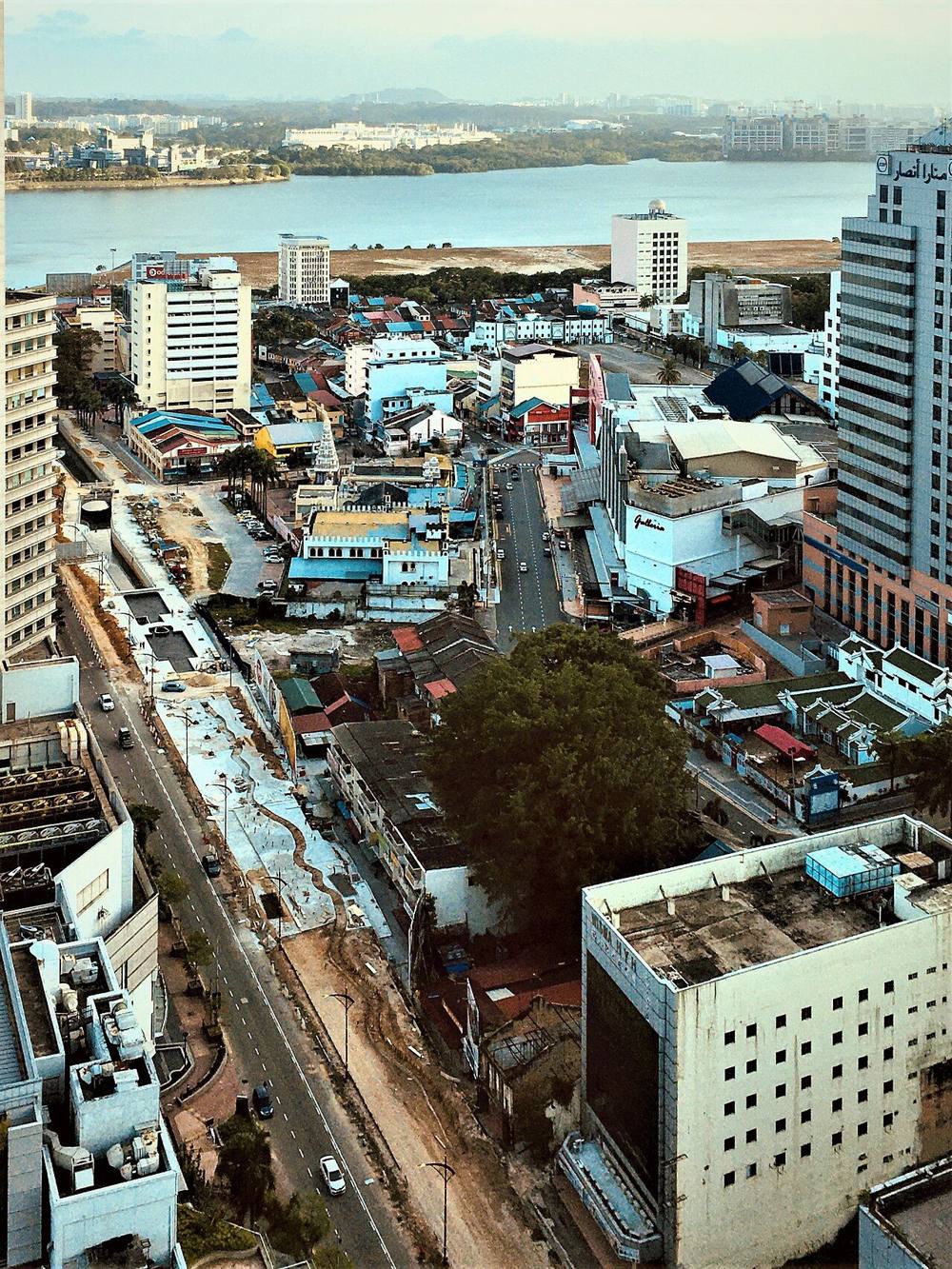 Aerial view of the Old Quarter of Johor Bahru with the Straits of Johor in the distance