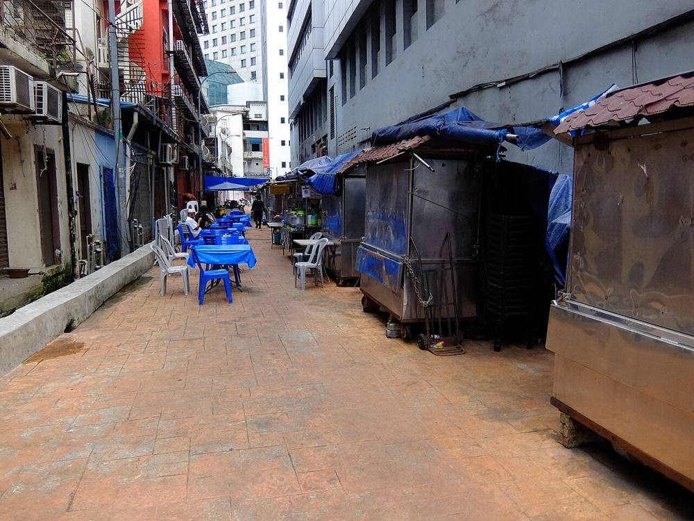 Meldrum Walk Food Court in Johor Bahru with rows of stalls and tables