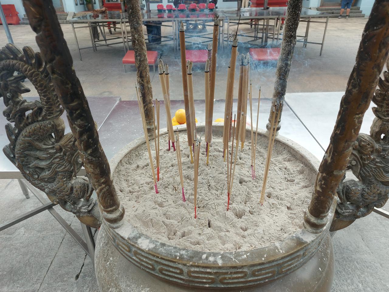 Historic Chinese temple in Johor Bahru city centre with colourful facade and traditional architecture