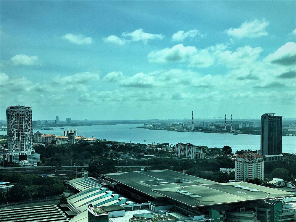 View of the Straits of Johor looking east from Menara JLand in Johor Bahru, towards Sembawang and Pasir Gudang