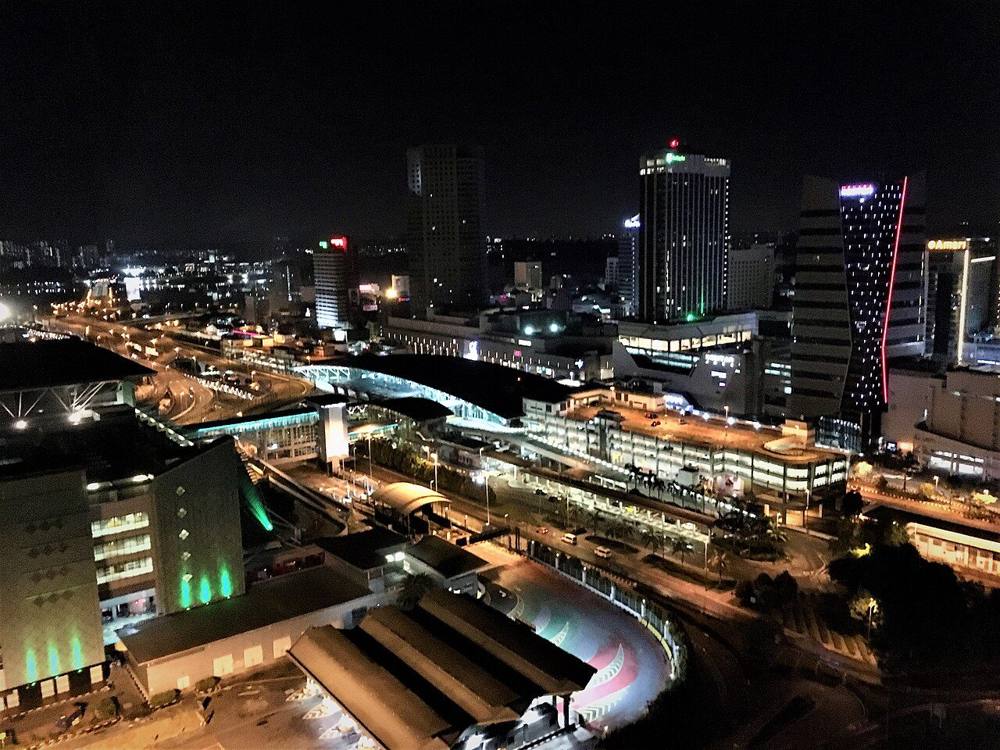 JB Sentral station and the Sultan Iskandar CIQ complex lit up at night