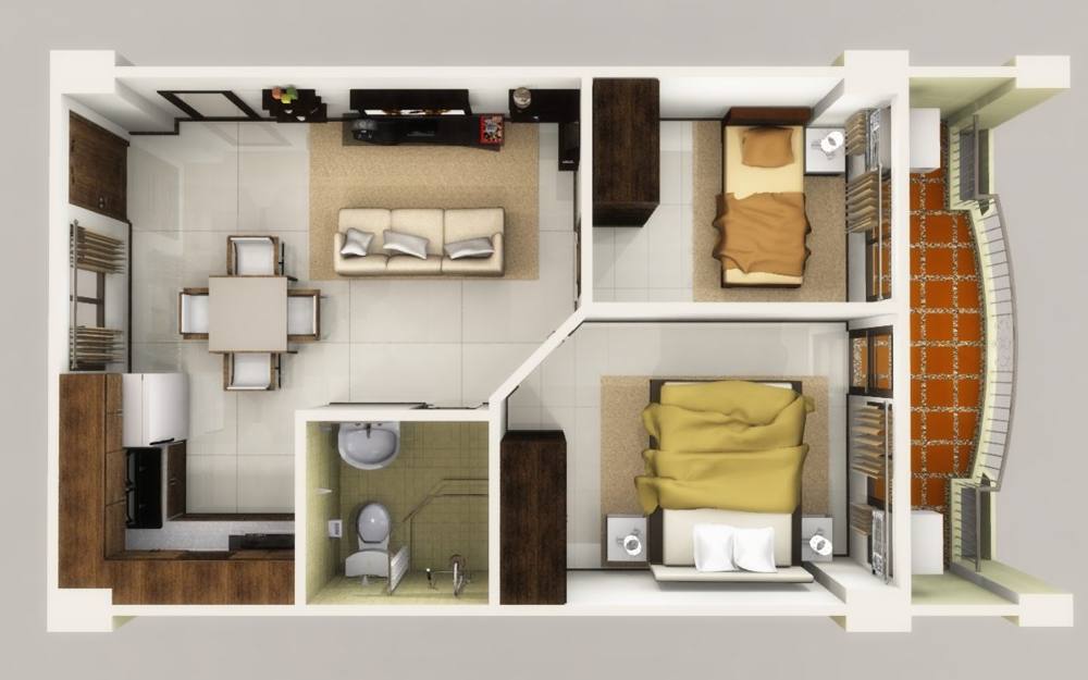 A 3D floor plan showing a two-bedroom apartment with living room, kitchen and balcony